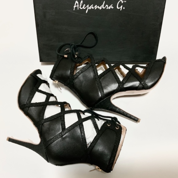 Black laced Alejandra G Wanda Black Leather Snake Stiletto Heel Sandals Pumps 37 - Picture 10 of 13
